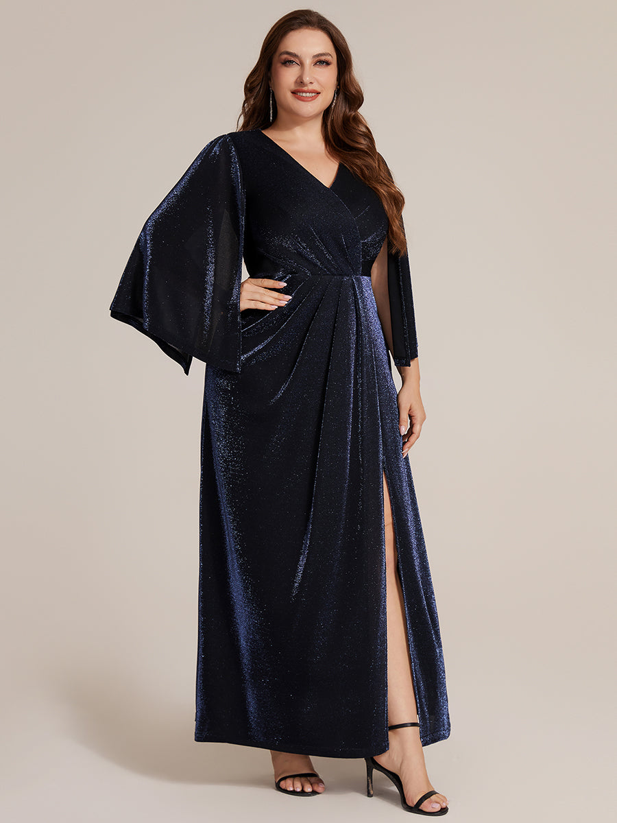 robe maxi à manches trois quarts avec encolure croisée et design ajusté extensible #Couleur_Bleu Marine