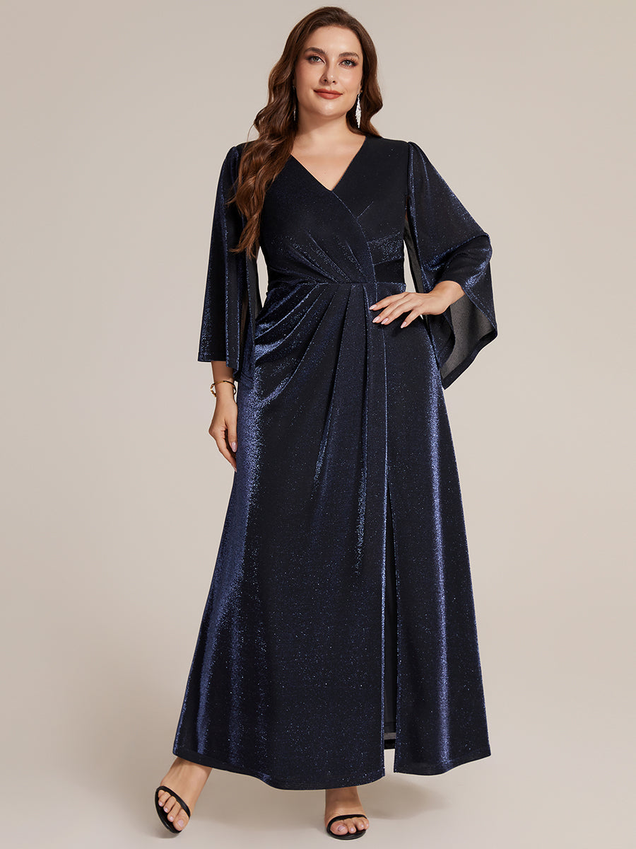 robe maxi à manches trois quarts avec encolure croisée et design ajusté extensible #Couleur_Bleu Marine