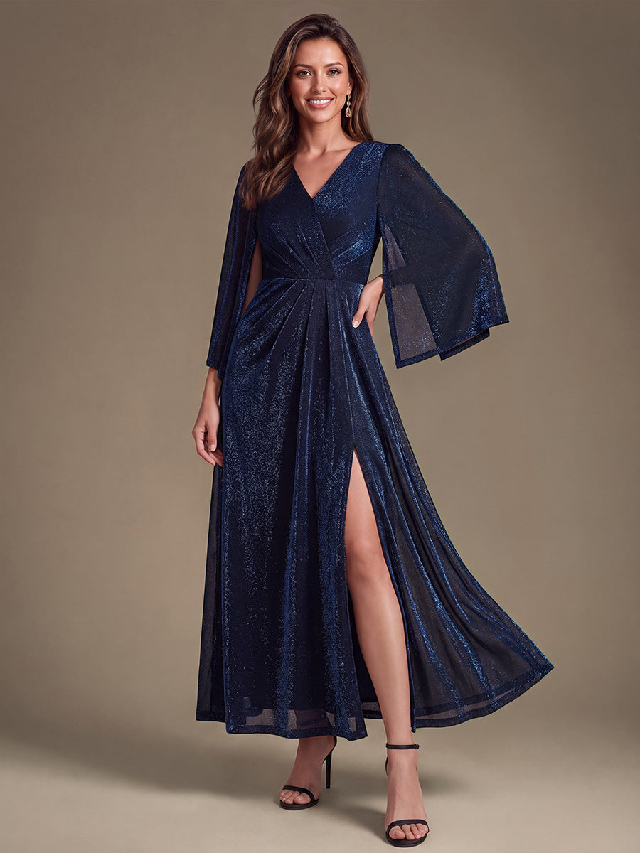 robe maxi à manches trois quarts avec encolure croisée et design ajusté extensible #Couleur_Bleu Marine