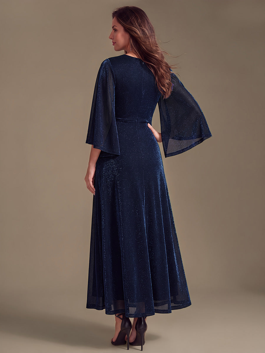 robe maxi à manches trois quarts avec encolure croisée et design ajusté extensible #Couleur_Bleu Marine
