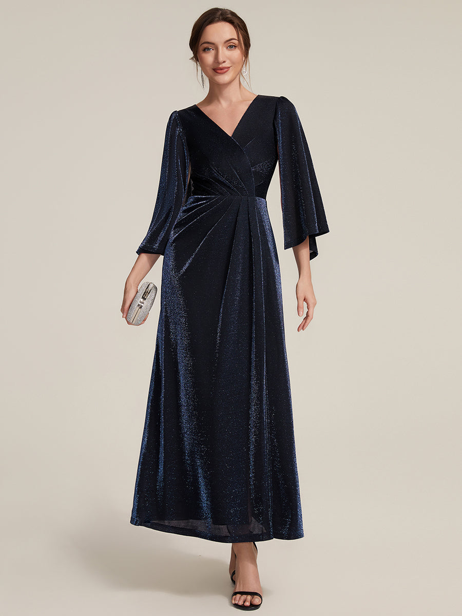 robe maxi à manches trois quarts avec encolure croisée et design ajusté extensible #Couleur_Bleu Marine