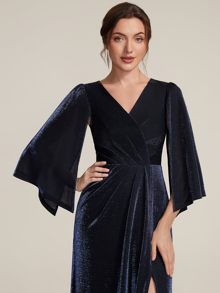 robe maxi à manches trois quarts avec encolure croisée et design ajusté extensible #Couleur_Bleu Marine