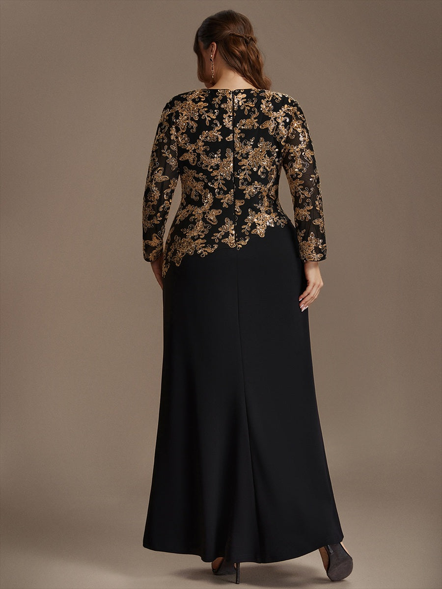 robe maxi bodycon à manches trois quarts en sequins avec col rond et fermeture éclair au dos #Couleur_Noir & Or