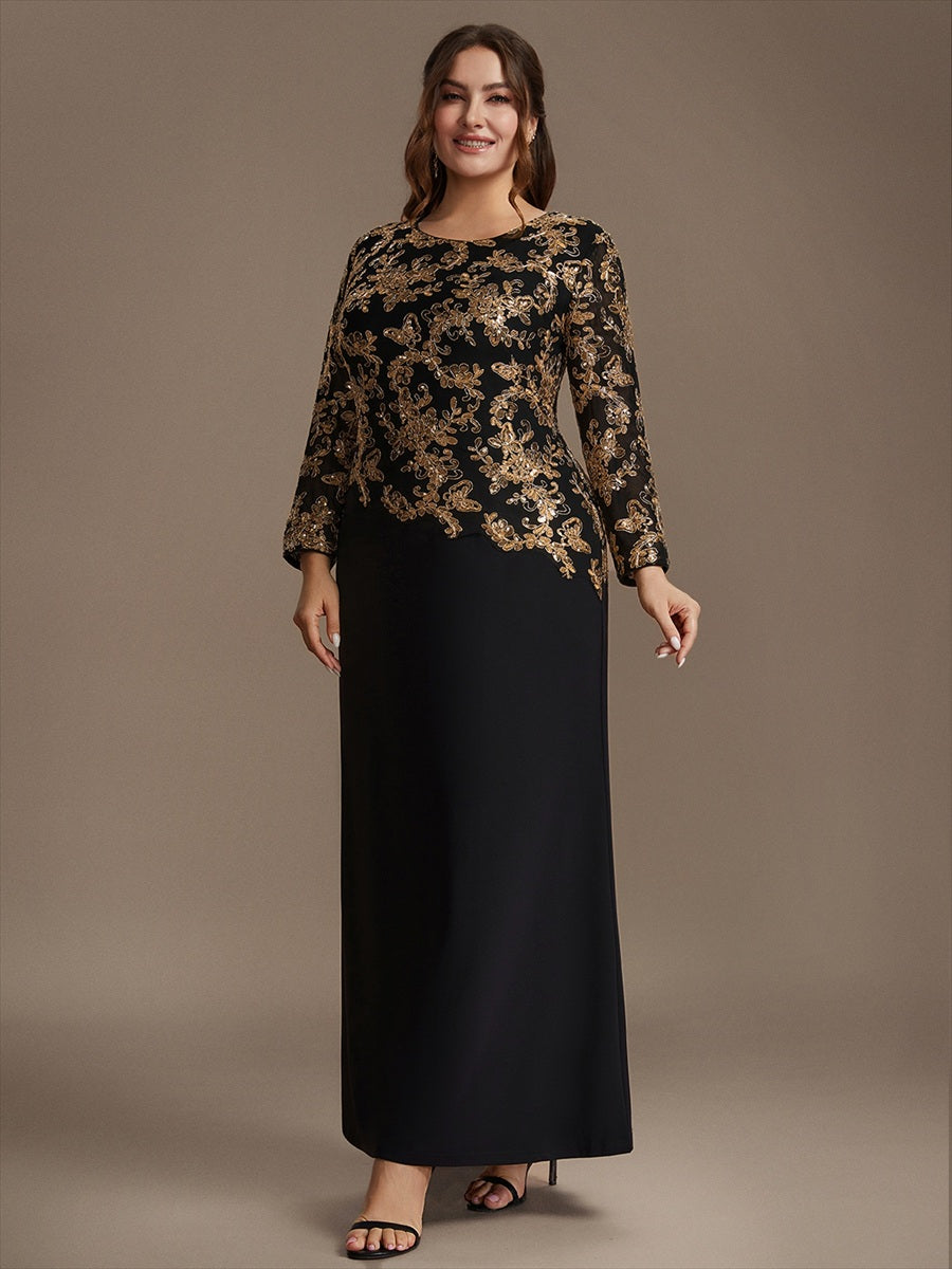 robe maxi bodycon à manches trois quarts en sequins avec col rond et fermeture éclair au dos #Couleur_Noir & Or