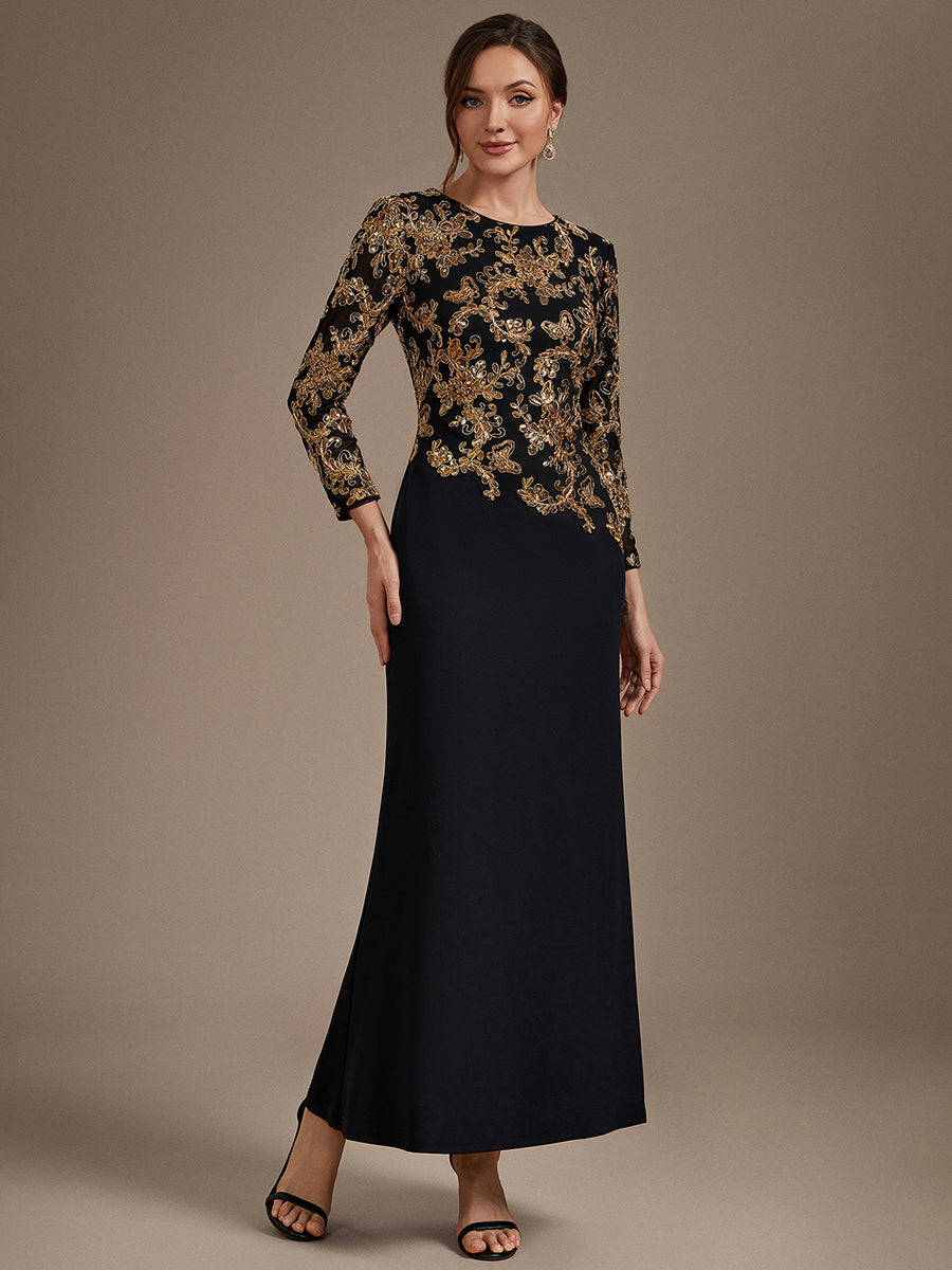 robe maxi bodycon à manches trois quarts en sequins avec col rond et fermeture éclair au dos #Couleur_Noir & Or