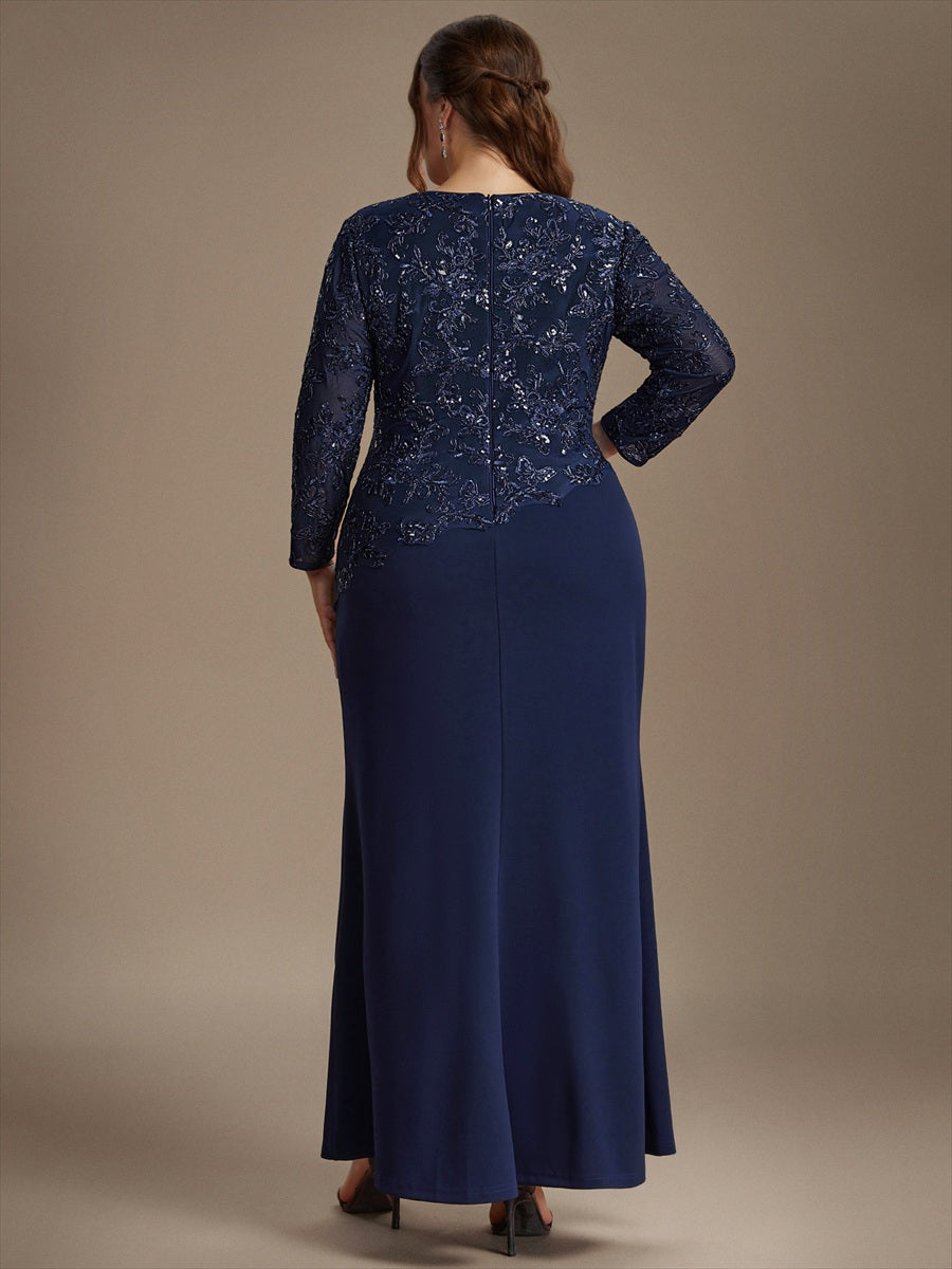 robe maxi bodycon à manches trois quarts en sequins avec col rond et fermeture éclair au dos #Couleur_Bleu Marine