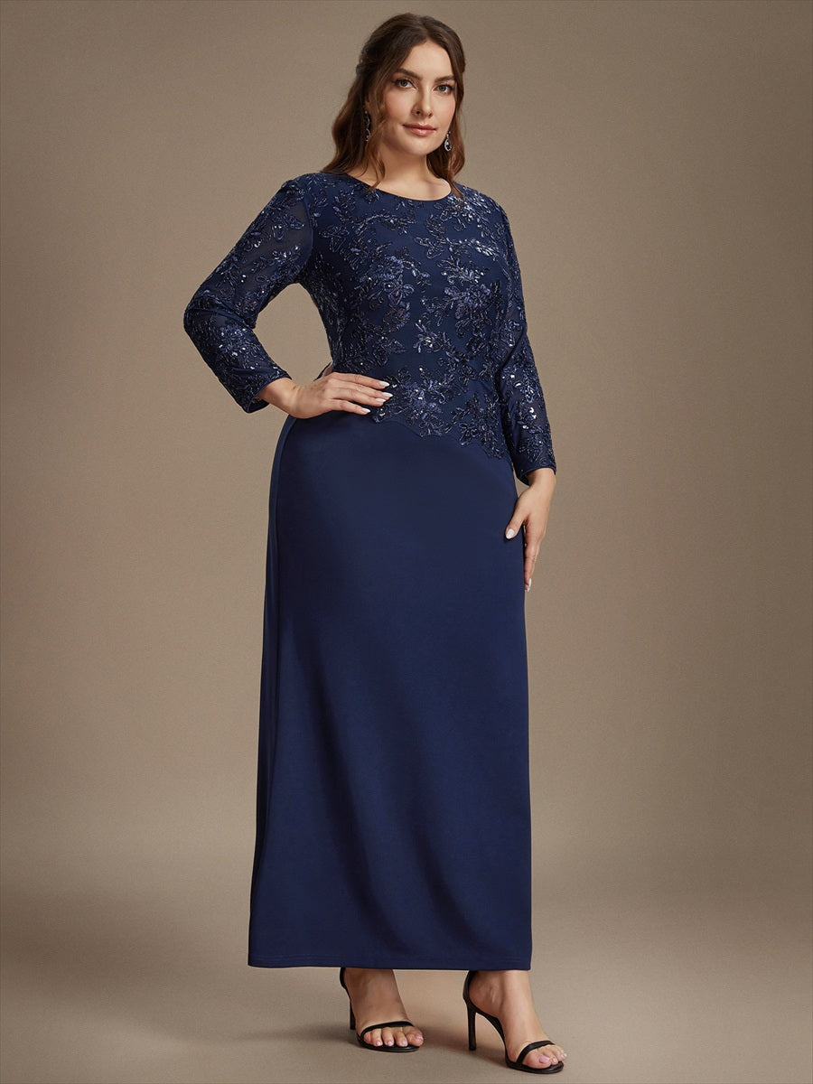robe maxi bodycon à manches trois quarts en sequins avec col rond et fermeture éclair au dos #Couleur_Bleu Marine