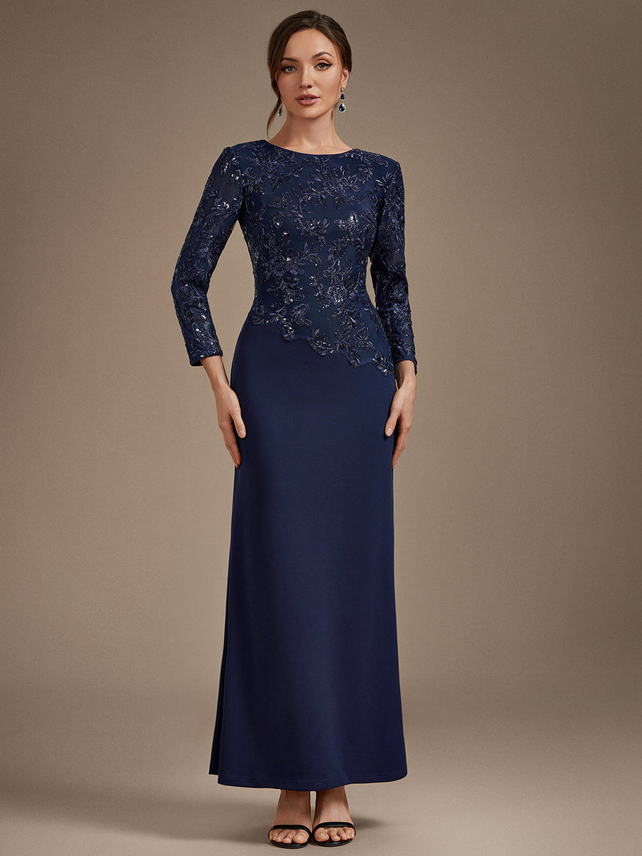 robe maxi bodycon à manches trois quarts en sequins avec col rond et fermeture éclair au dos #Couleur_Bleu Marine