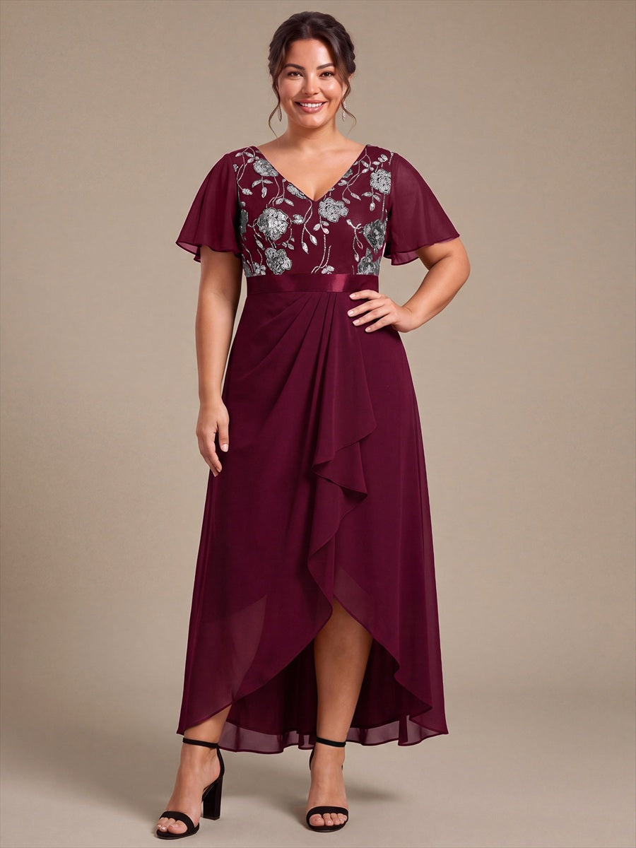 Mousseline Col V Asymmetrical À volants robe de mère de la mariée #Couleur_Bordeaux