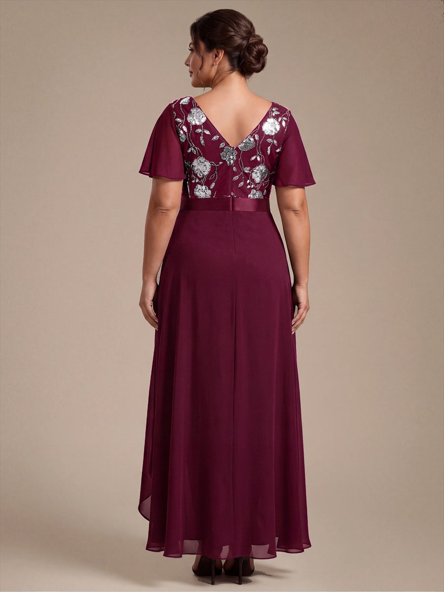 Mousseline Col V Asymmetrical À volants robe de mère de la mariée #Couleur_Bordeaux