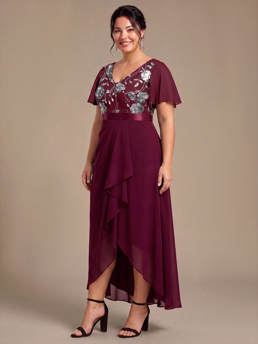 Mousseline Col V Asymmetrical À volants robe de mère de la mariée #Couleur_Bordeaux