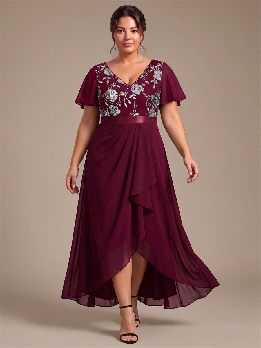 Mousseline Col V Asymmetrical À volants robe de mère de la mariée #Couleur_Bordeaux