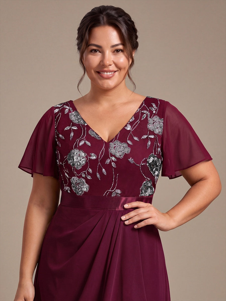Mousseline Col V Asymmetrical À volants robe de mère de la mariée #Couleur_Bordeaux