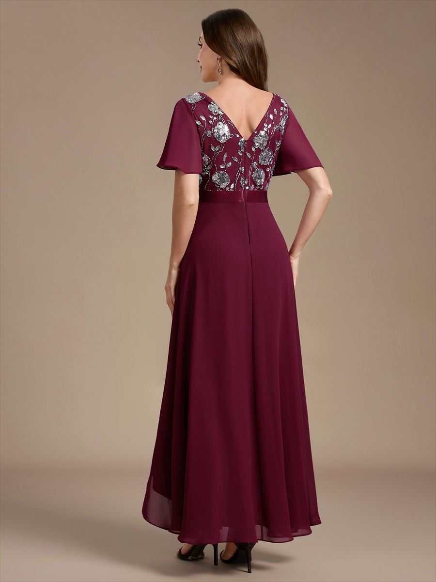 Mousseline Col V Asymmetrical À volants robe de mère de la mariée #Couleur_Bordeaux