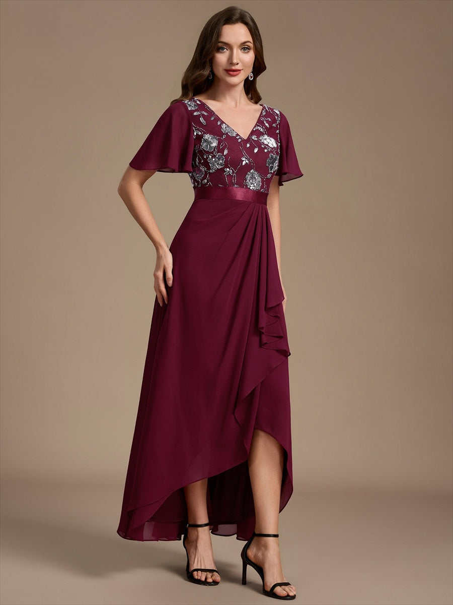Mousseline Col V Asymmetrical À volants robe de mère de la mariée #Couleur_Bordeaux