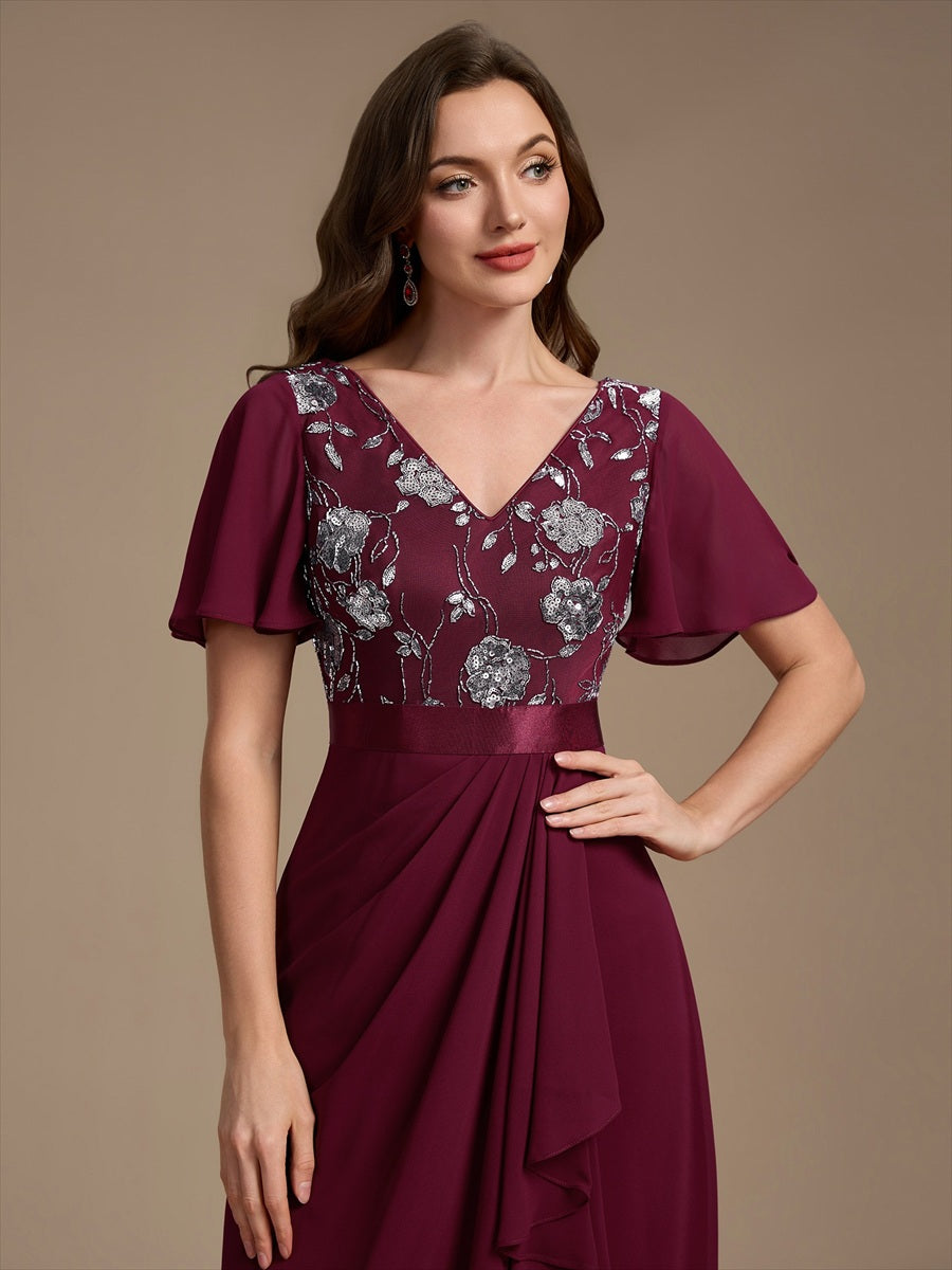 Mousseline Col V Asymmetrical À volants robe de mère de la mariée #Couleur_Bordeaux