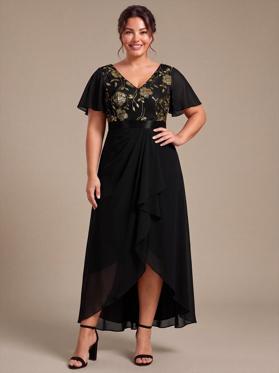 Mousseline Col V Asymmetrical À volants robe de mère de la mariée #Couleur_Noir & Or