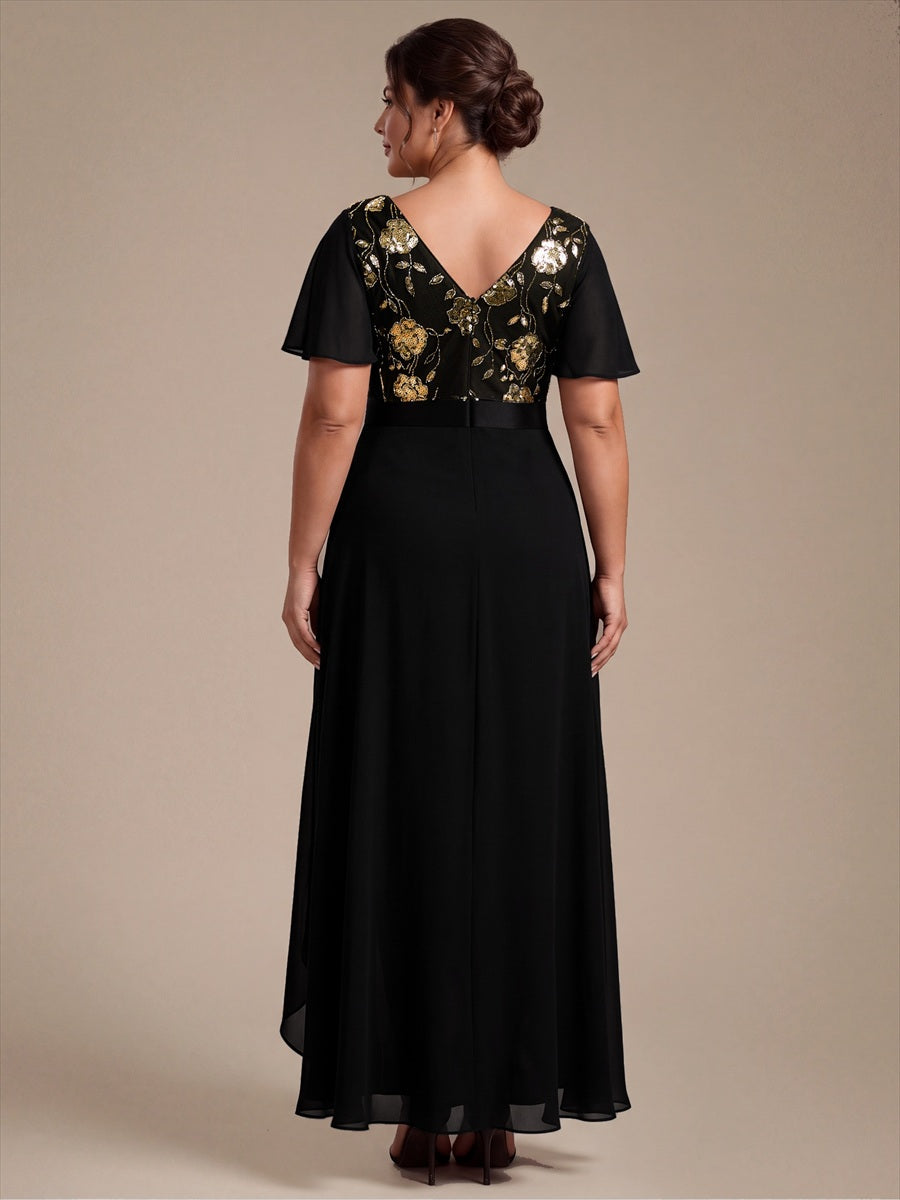 Mousseline Col V Asymmetrical À volants robe de mère de la mariée #Couleur_Noir & Or