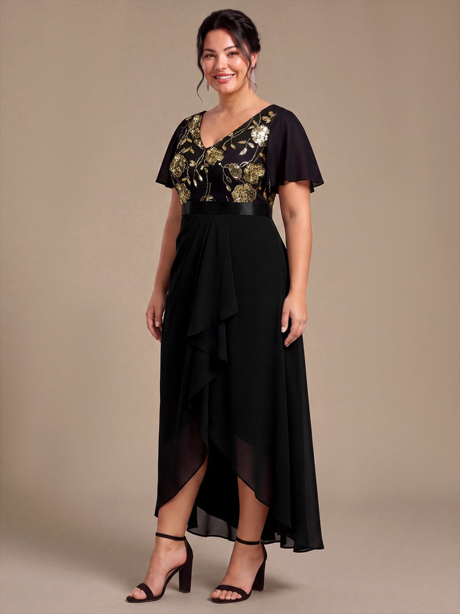Mousseline Col V Asymmetrical À volants robe de mère de la mariée #Couleur_Noir & Or