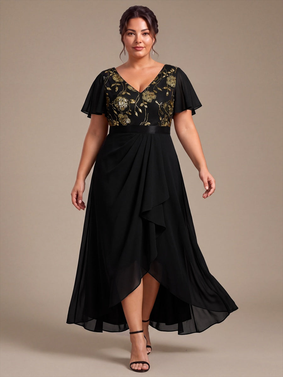 Mousseline Col V Asymmetrical À volants robe de mère de la mariée #Couleur_Noir & Or