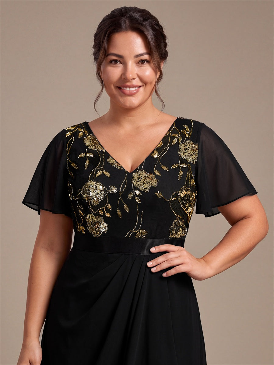 Mousseline Col V Asymmetrical À volants robe de mère de la mariée #Couleur_Noir & Or