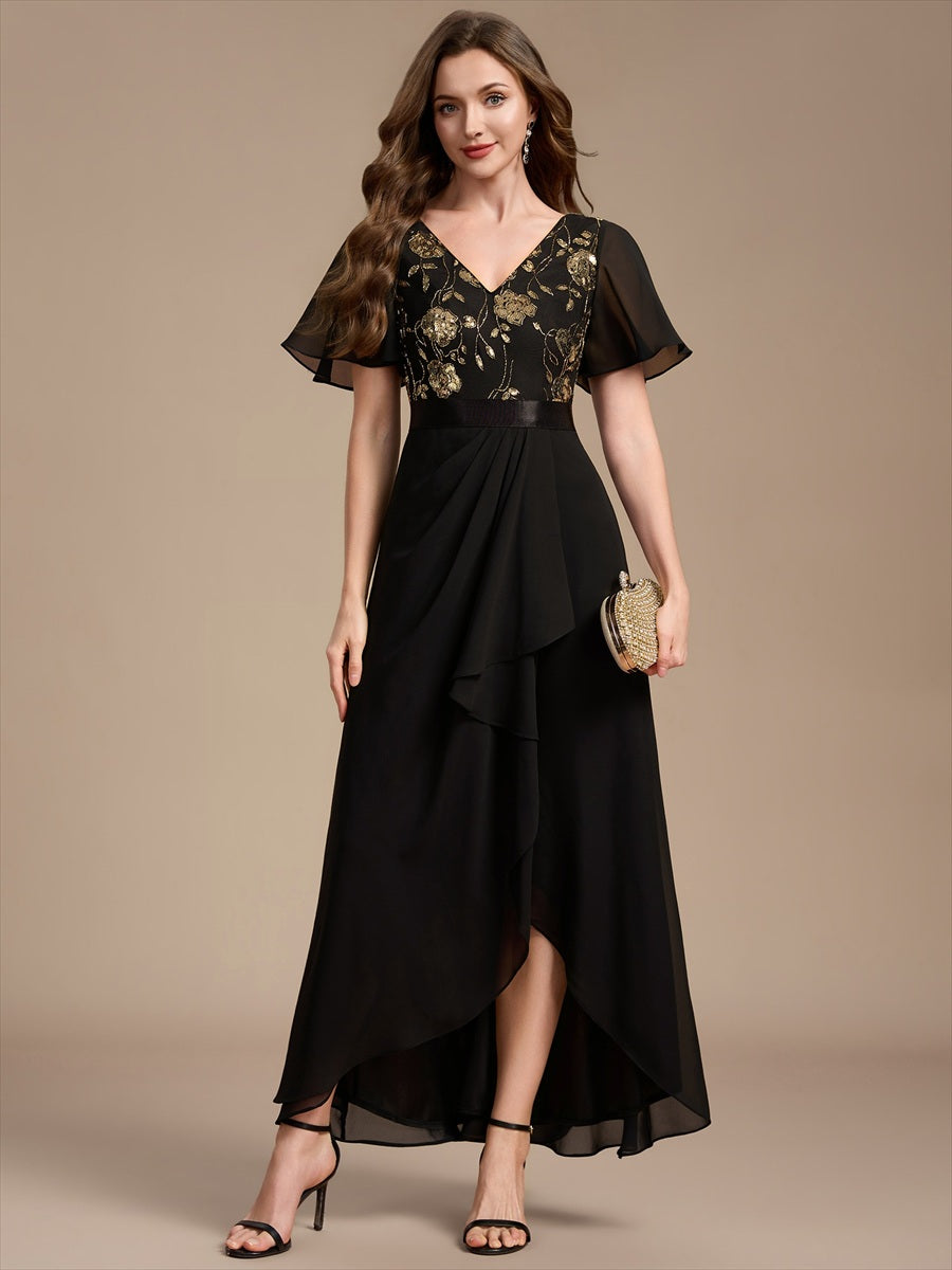 Mousseline Col V Asymmetrical À volants robe de mère de la mariée #Couleur_Noir & Or