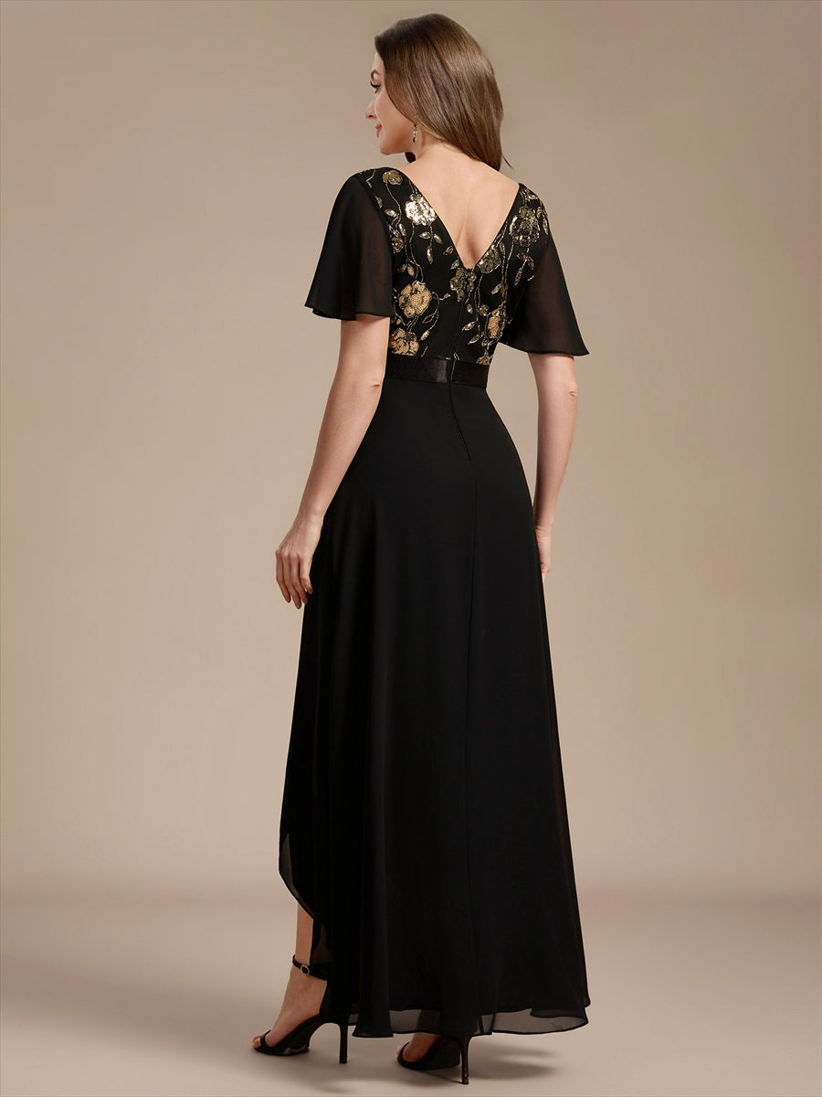 Mousseline Col V Asymmetrical À volants robe de mère de la mariée #Couleur_Noir & Or