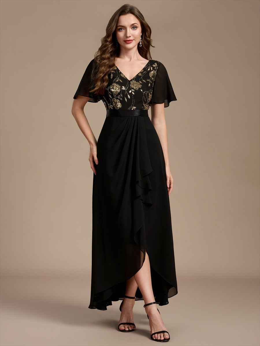 Mousseline Col V Asymmetrical À volants robe de mère de la mariée #Couleur_Noir & Or