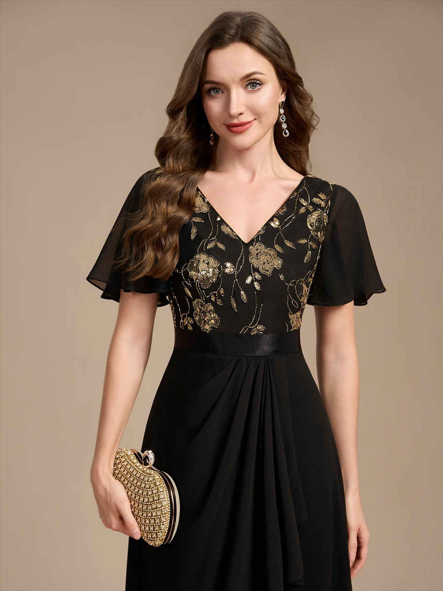 Mousseline Col V Asymmetrical À volants robe de mère de la mariée #Couleur_Noir & Or