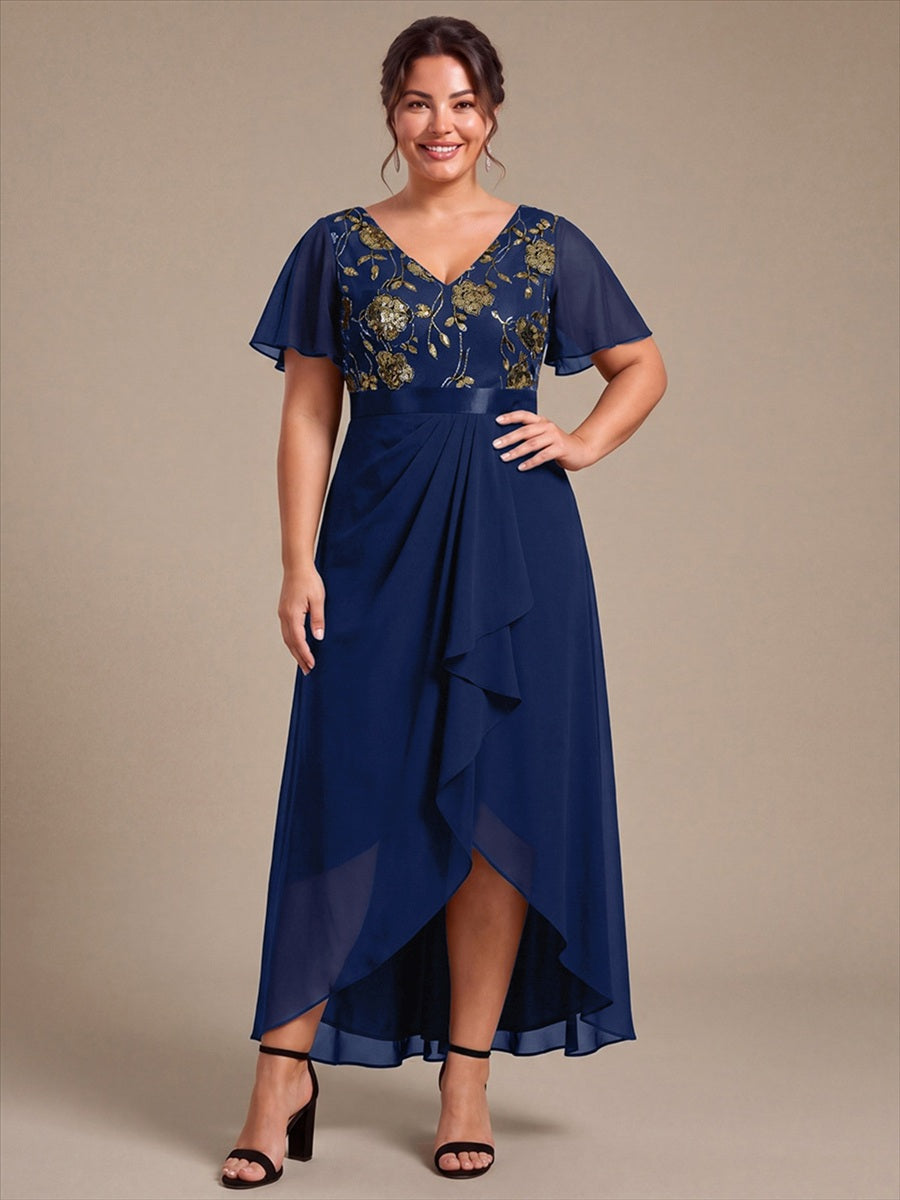 Mousseline Col V Asymmetrical À volants robe de mère de la mariée #Couleur_Bleu Marine