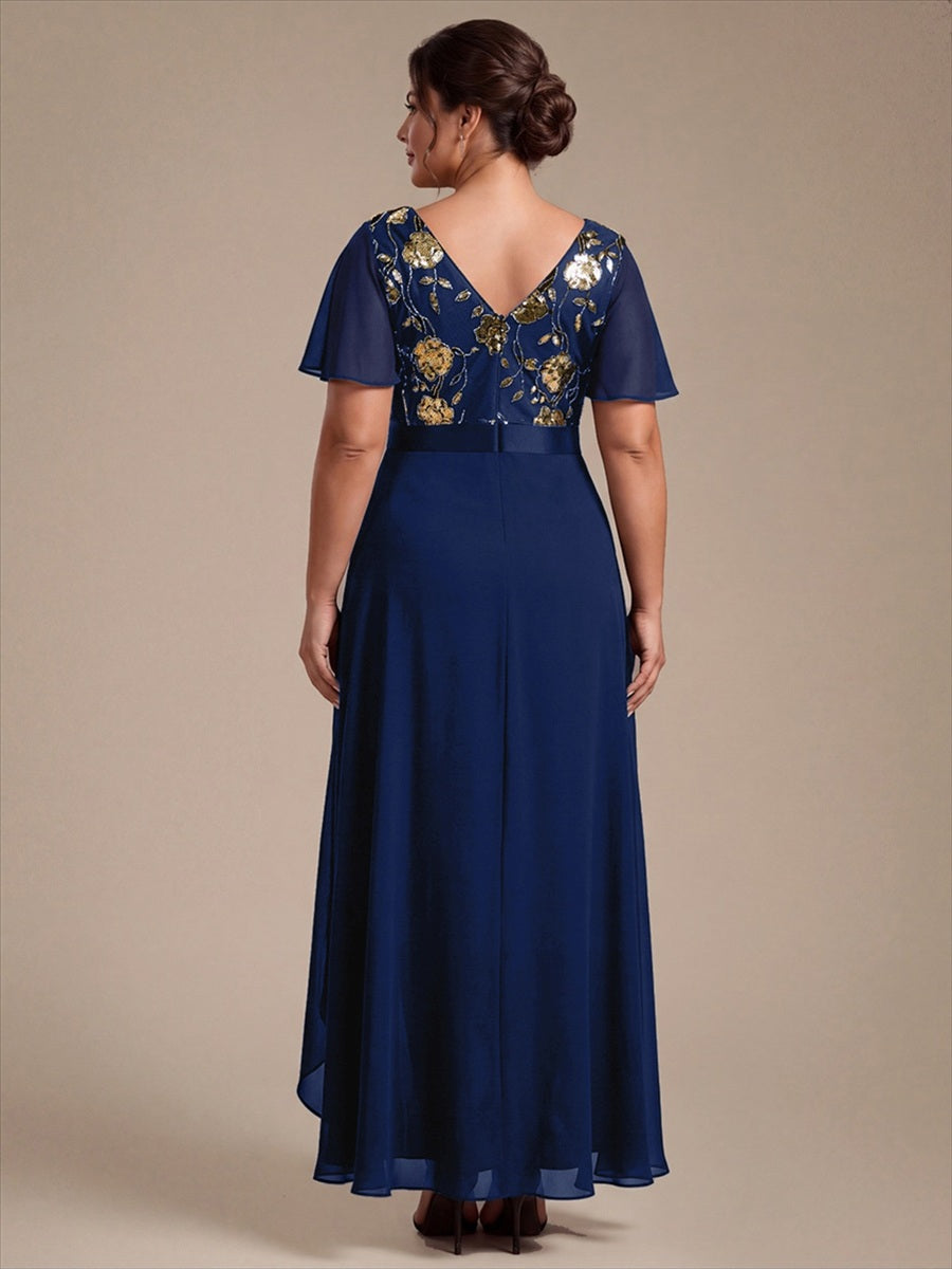 Mousseline Col V Asymmetrical À volants robe de mère de la mariée #Couleur_Bleu Marine