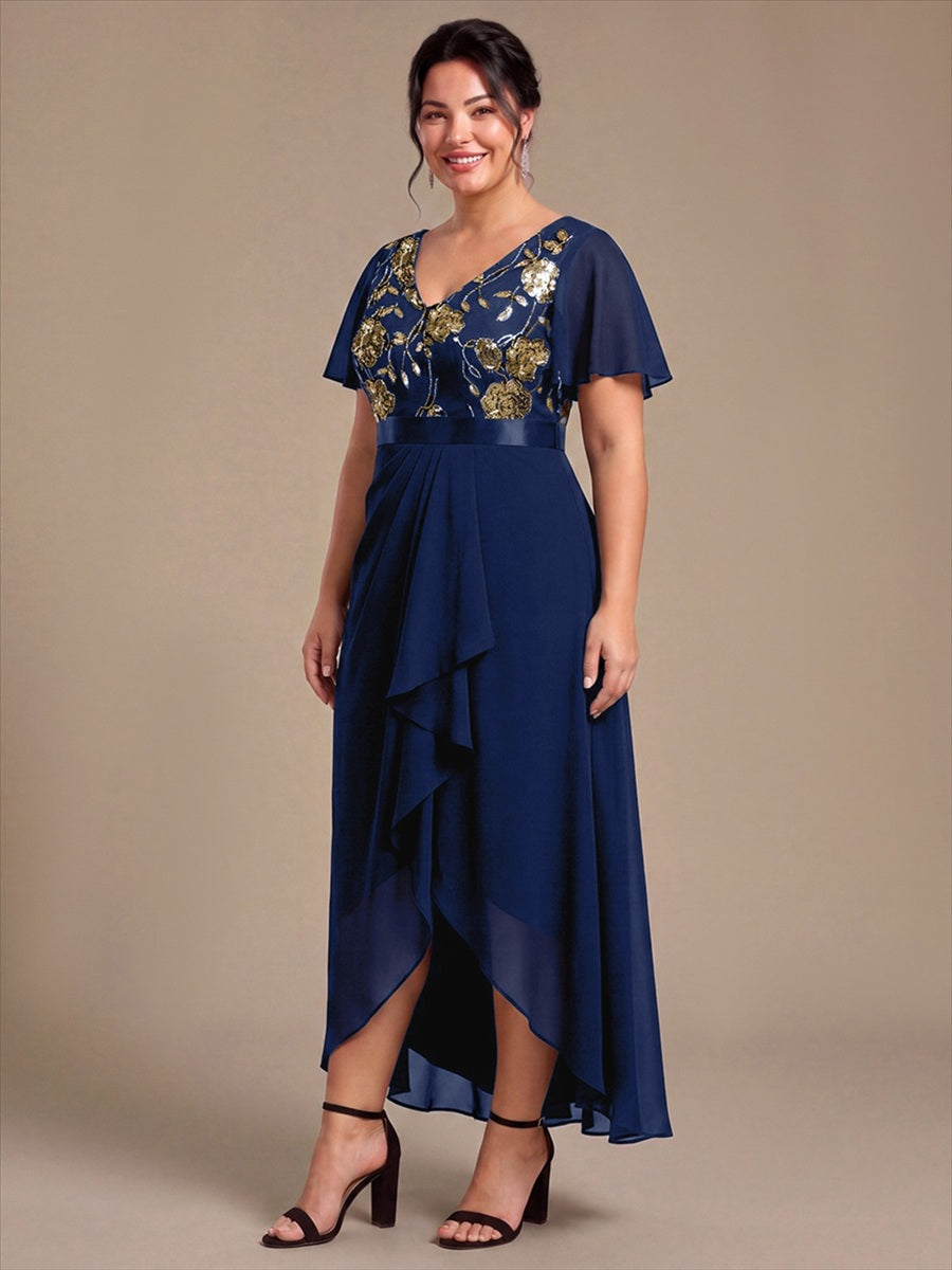 Mousseline Col V Asymmetrical À volants robe de mère de la mariée #Couleur_Bleu Marine
