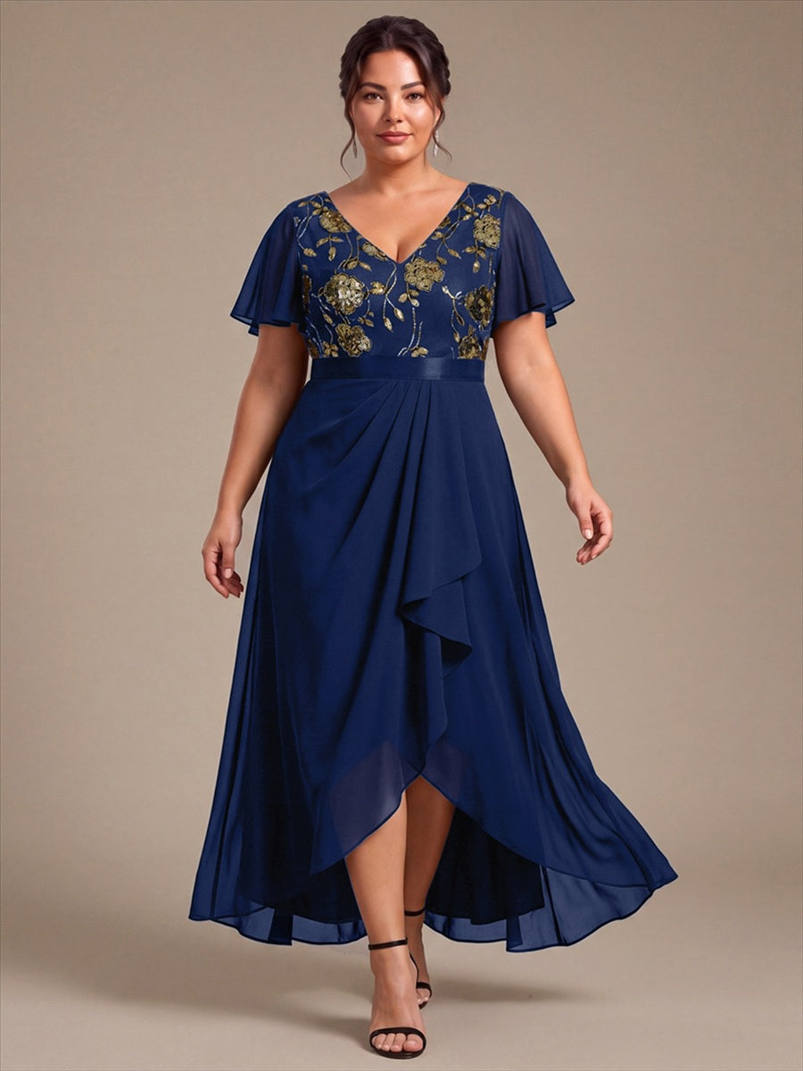 Mousseline Col V Asymmetrical À volants robe de mère de la mariée #Couleur_Bleu Marine