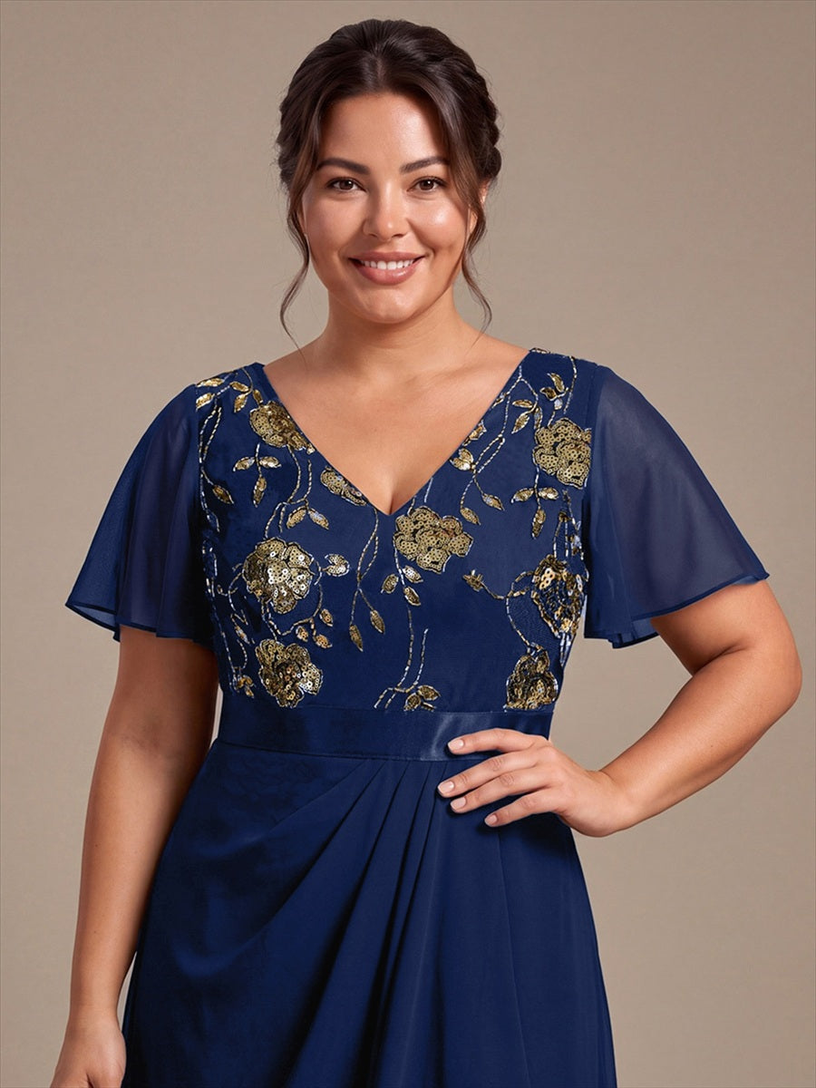Mousseline Col V Asymmetrical À volants robe de mère de la mariée #Couleur_Bleu Marine