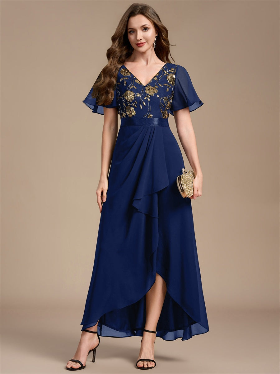 Mousseline Col V Asymmetrical À volants robe de mère de la mariée #Couleur_Bleu Marine