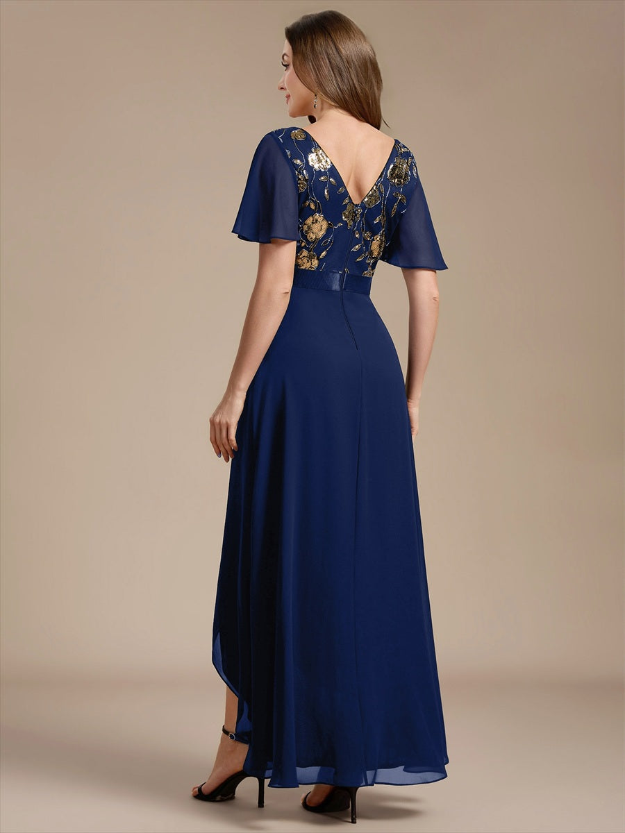 Mousseline Col V Asymmetrical À volants robe de mère de la mariée #Couleur_Bleu Marine