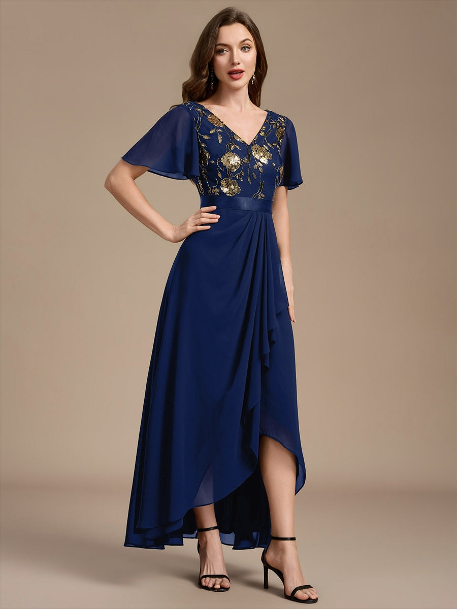 Mousseline Col V Asymmetrical À volants robe de mère de la mariée #Couleur_Bleu Marine