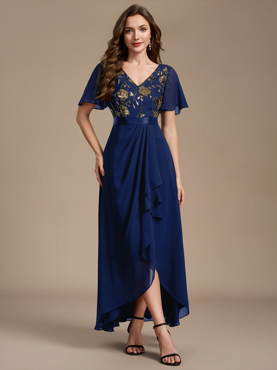 Mousseline Col V Asymmetrical À volants robe de mère de la mariée #Couleur_Bleu Marine