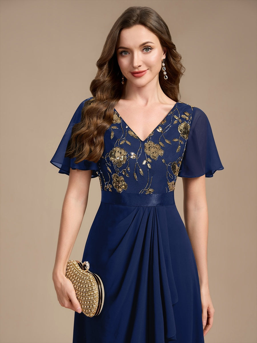 Mousseline Col V Asymmetrical À volants robe de mère de la mariée #Couleur_Bleu Marine