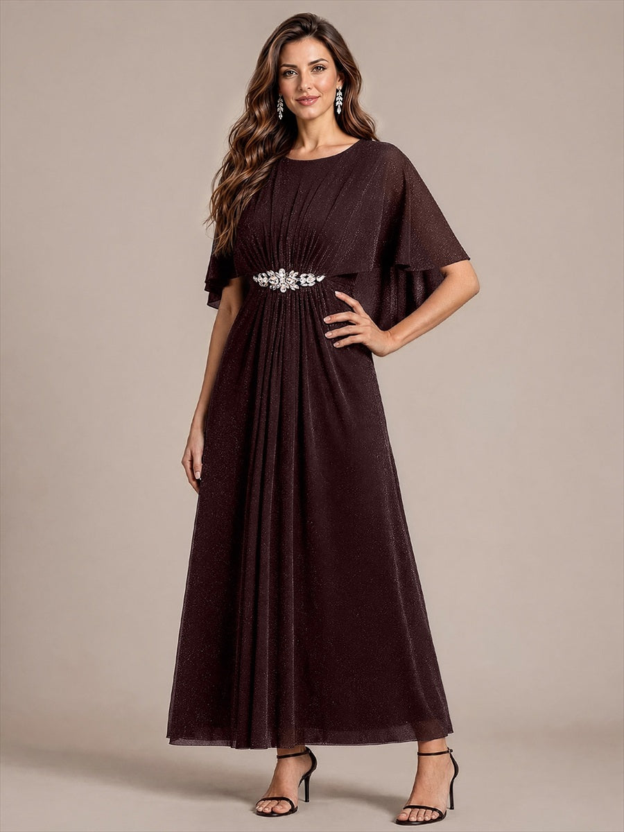 Robe mère de la mariée à manches cape et longueur sol robe de mère de la mariée #Couleur_Brun acajou