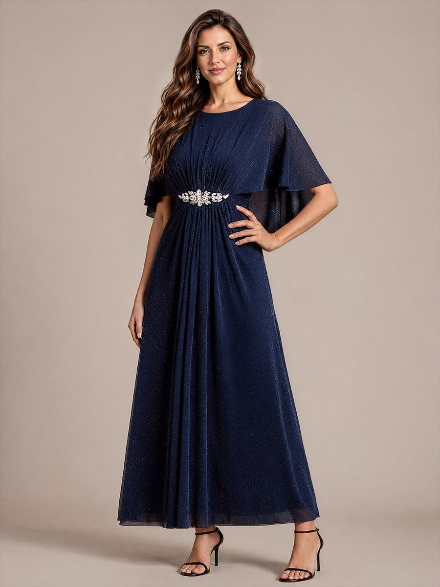 Robe mère de la mariée à manches cape et longueur sol robe de mère de la mariée #Couleur_Bleu Marine