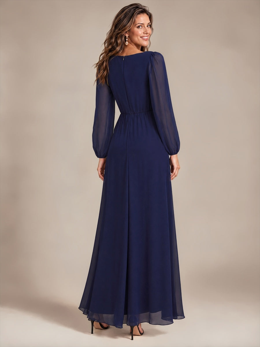 Mousseline Col V Manches bouffantes robe de mère de la mariée #Couleur_Bleu Marine
