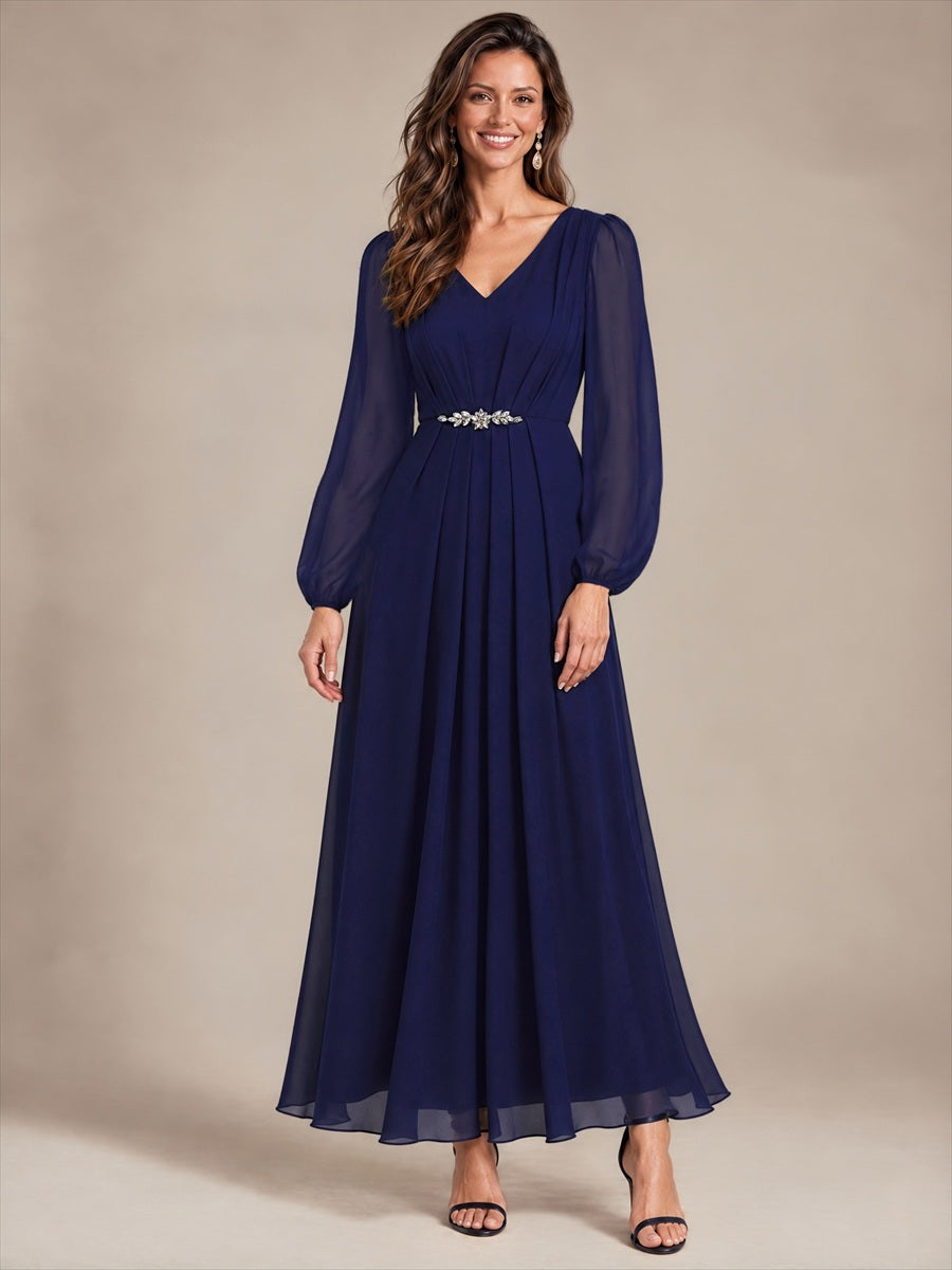 Mousseline Col V Manches bouffantes robe de mère de la mariée #Couleur_Bleu Marine