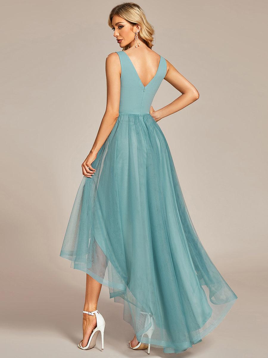 Robe de bal haute-basse sans manches en tulle #Couleur_Bleu Fume