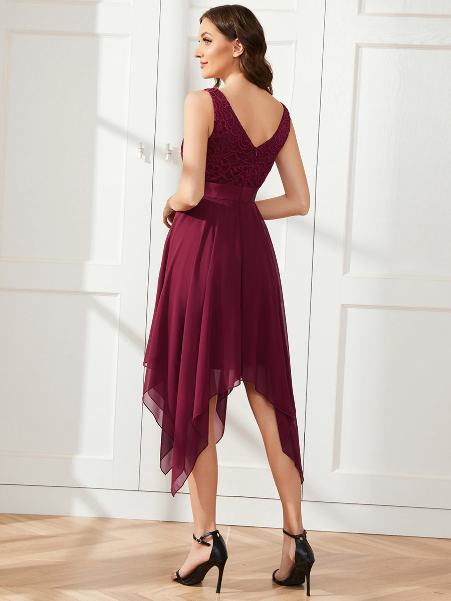 Superbe robe de bal en dentelle et en mousseline de soie à col en V pour femme #Couleur_Bordeaux