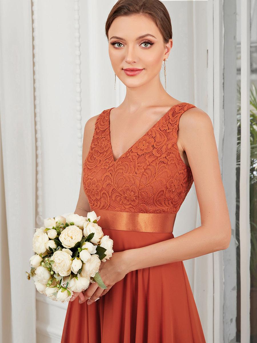 Superbe robe de bal en dentelle et en mousseline de soie à col en V pour femme #Couleur_Burnt Orange