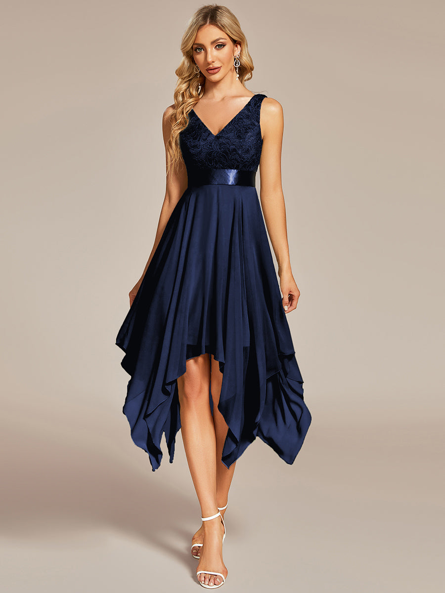 Superbe robe de bal en dentelle et en mousseline de soie à col en V pour femme #Couleur_Bleu Marine