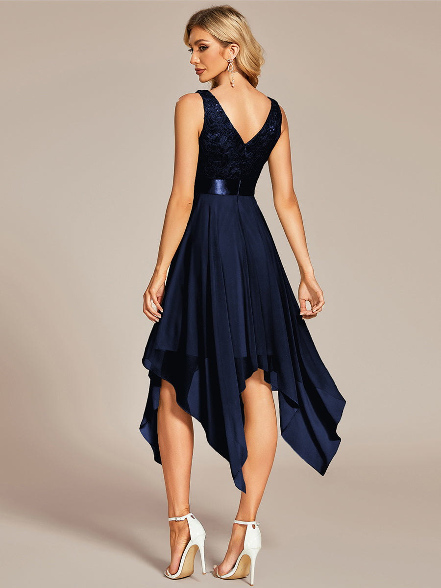 Superbe robe de bal en dentelle et en mousseline de soie à col en V pour femme #Couleur_Bleu Marine