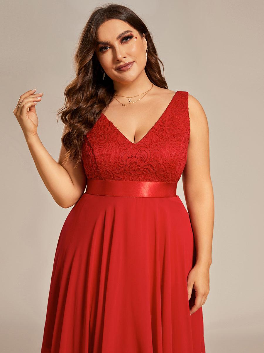 Superbe Robe mariage invitée en dentelle et en mousseline de soie à col en V de grande taille #Couleur_Rouge