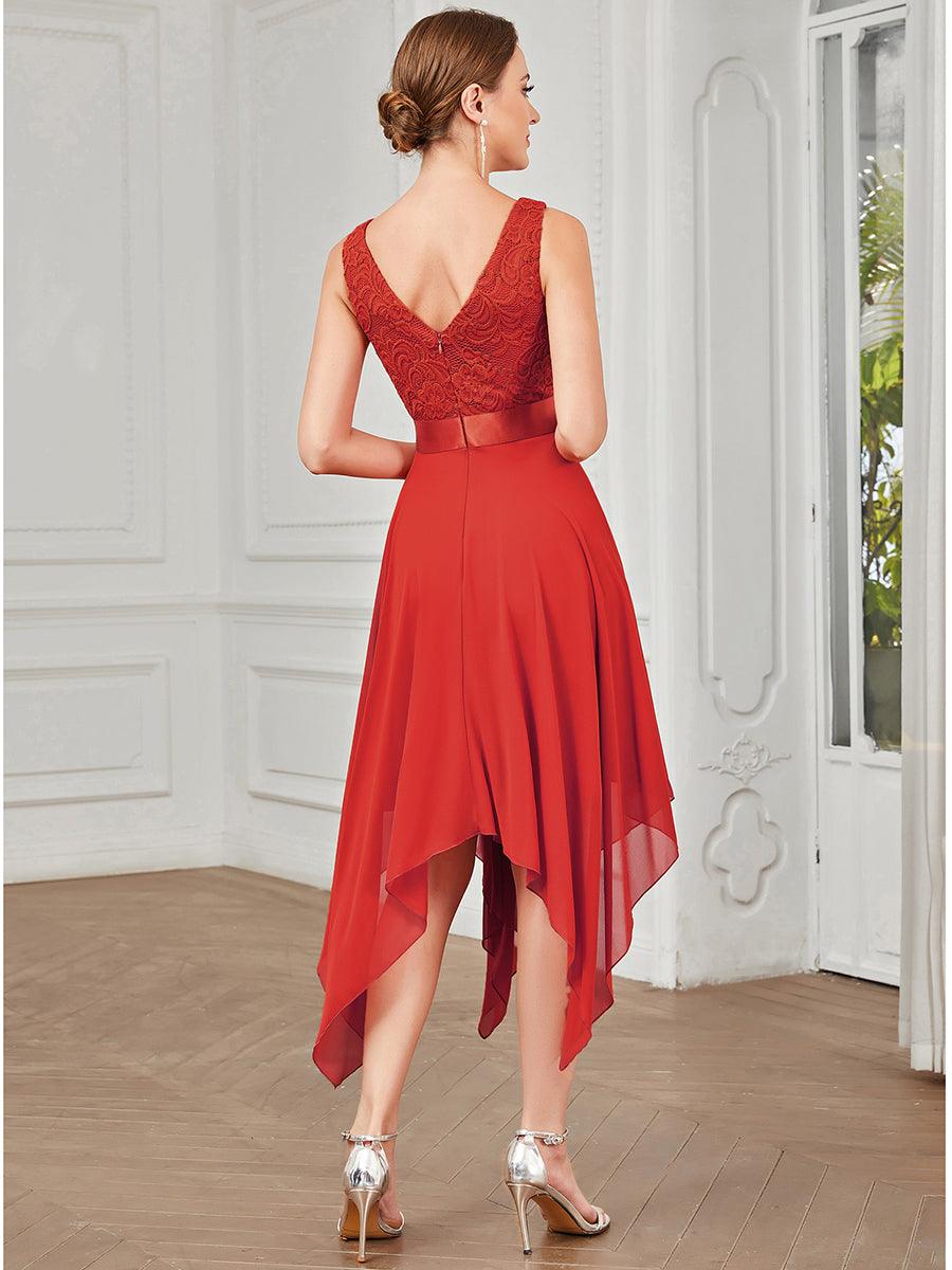 Robe mariage invitée en dentelle à col en V mi-longue fluide #Couleur_Rouge